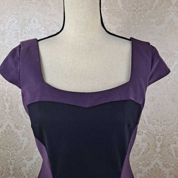 Jay Godfrey Sz 10 Purple Black Bodycon Sheath Dress Exposed Back Zip Cap Slv NWT - Picture 2 of 15